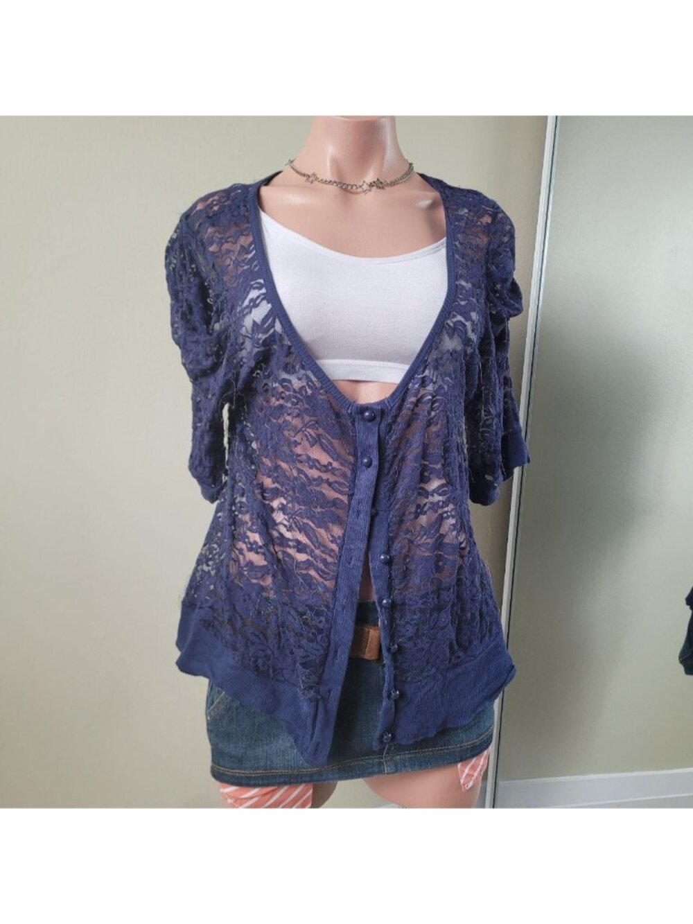 Candy Couture Navy Blue Scoop Neck Lace Short Sleeve Cardigan (XL)